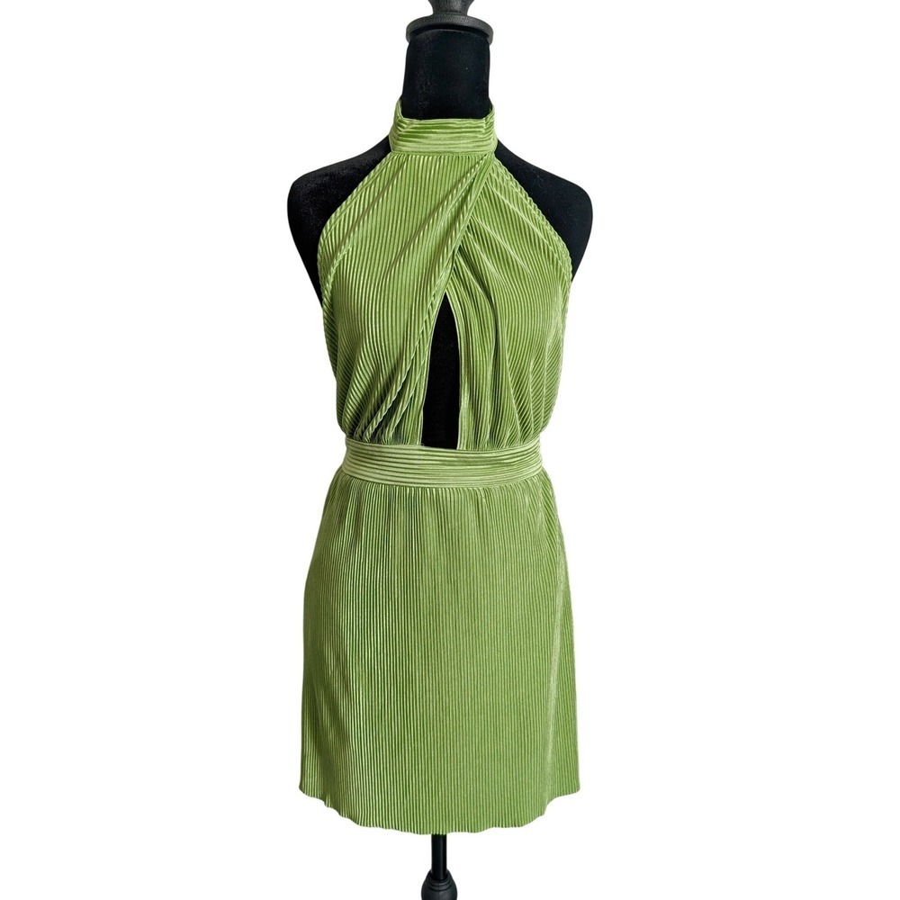 Sincerely Jules Retro Bratz Y2K Pleated Chartreuse Green Halter Mini Dress